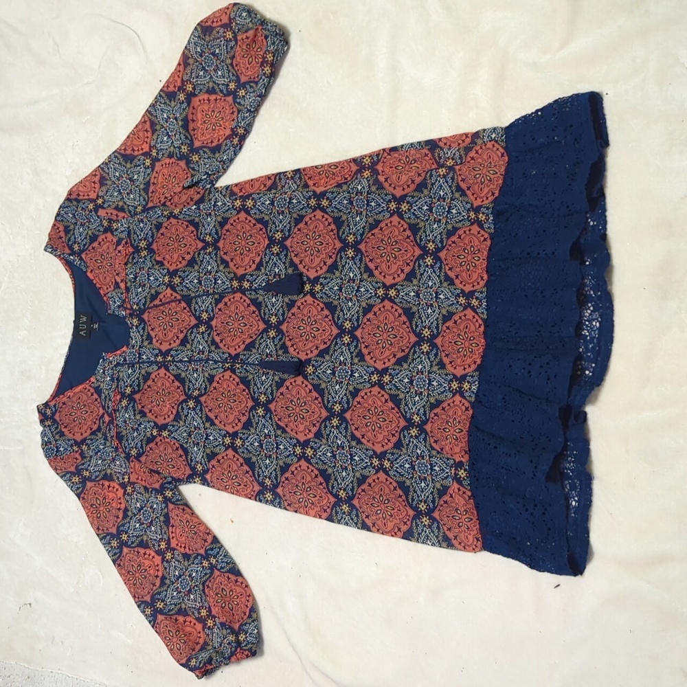 AUW Dress Navy Blue and Pink Lace Boho Tassel size 12